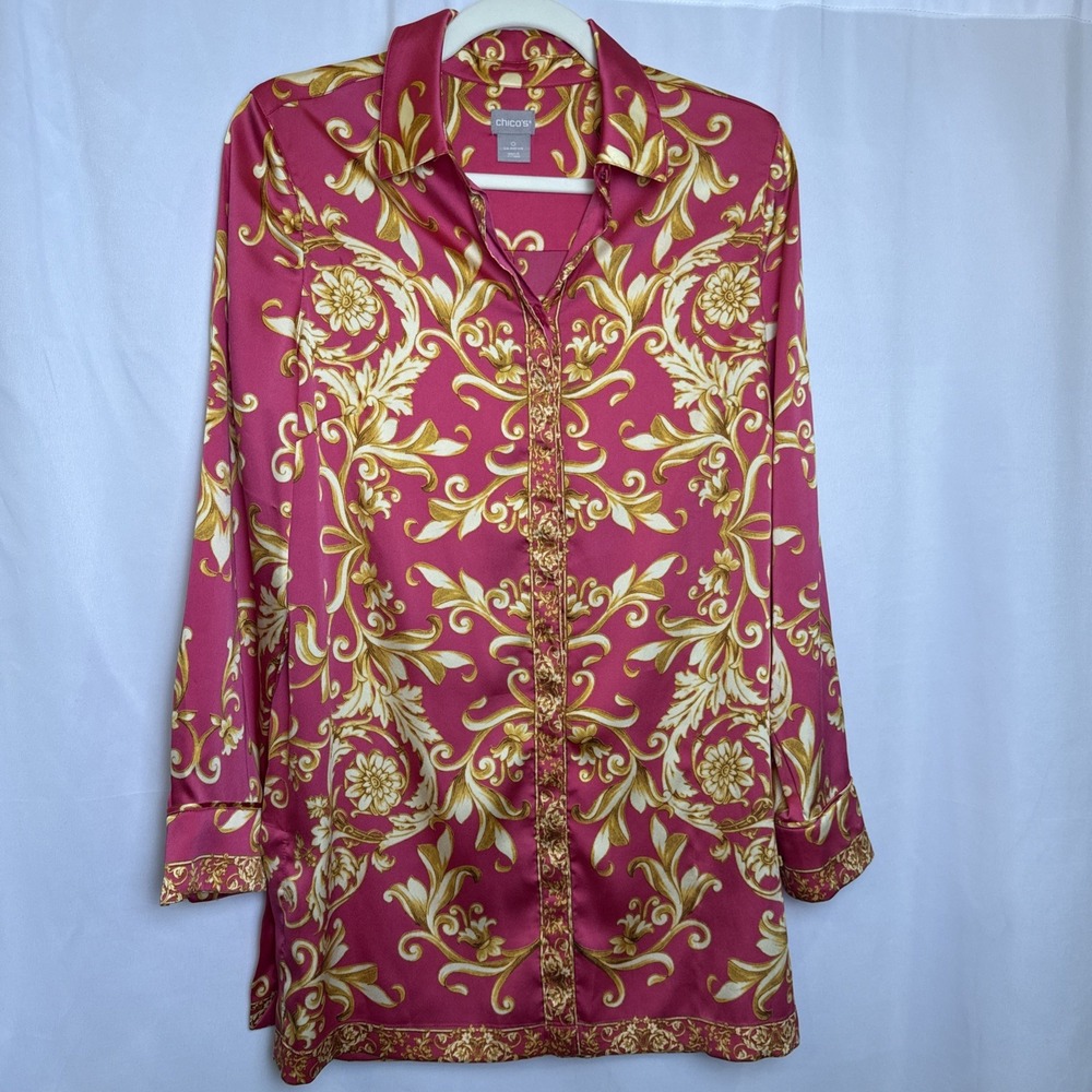 Chico's Pink Gold Paisley Print Satin Shirt Career Blouse Button Up Size 0